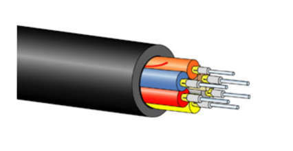 Industrial multi-fiber HCS cable cutaway showing color-coded sub-units