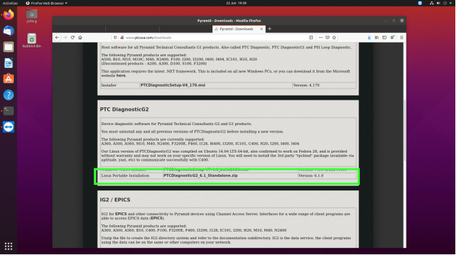 Downloads page with Linux Portable Installation for PTC DiagnosticG2 highlighted