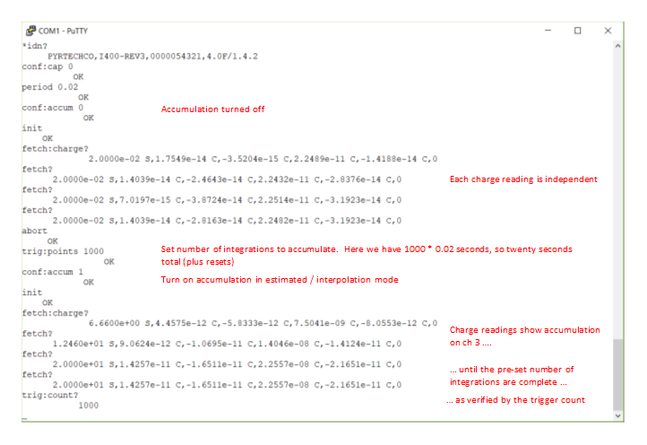Annotated I400 terminal session enabling accumulation and watching fetch and trigger count